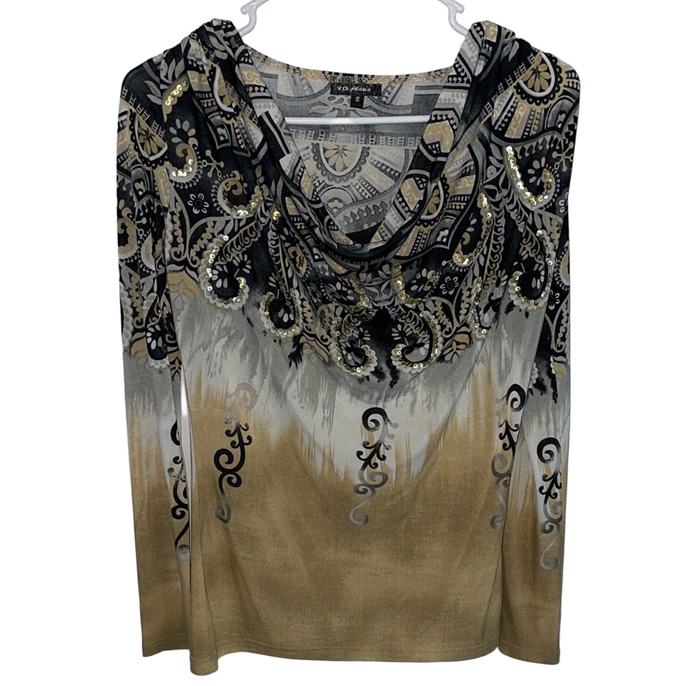 ⭐ Y2K V.O. Jeans Cowl Neck Sequined Boho Print Top – Size Small ⭐